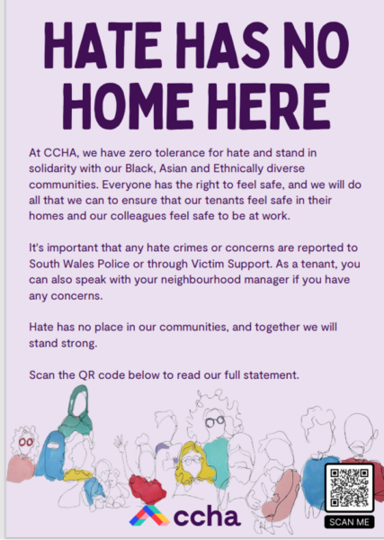 Screenshot of CCHA's statement after the onset of the race riots with a QR code linking to support