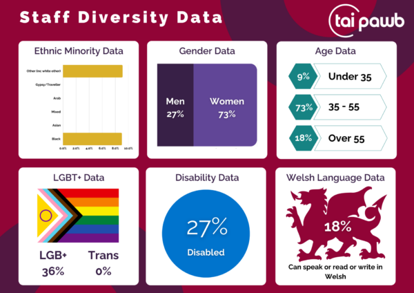 The data shows that 9% of the Tai Pawb team are Black and 9% belong to an 'other' ethnic minority group (including white other). 27% of employees are men, 73% are women. 9% of staff are under 35, 73% are 35 -55 and 18% are over 55. 36% are LGB+ and 0% are trans. 27% of the team are disabled and 18% speak or read Welsh.